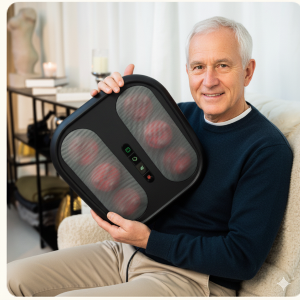 Man holding a black Bodyrevive foot massager with red lights in a living room setting