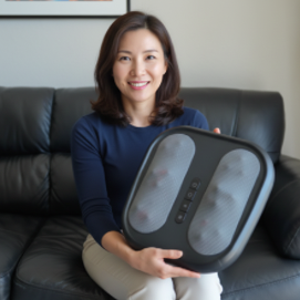 Woman holding a foot massage device in a living room setting