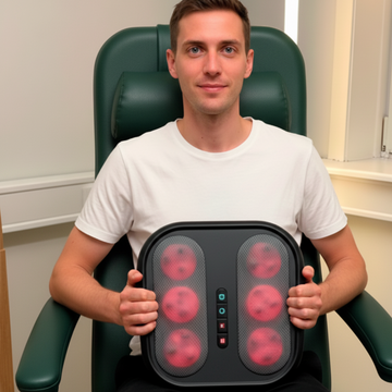 Man using a Bodyrevive massager in an office chair