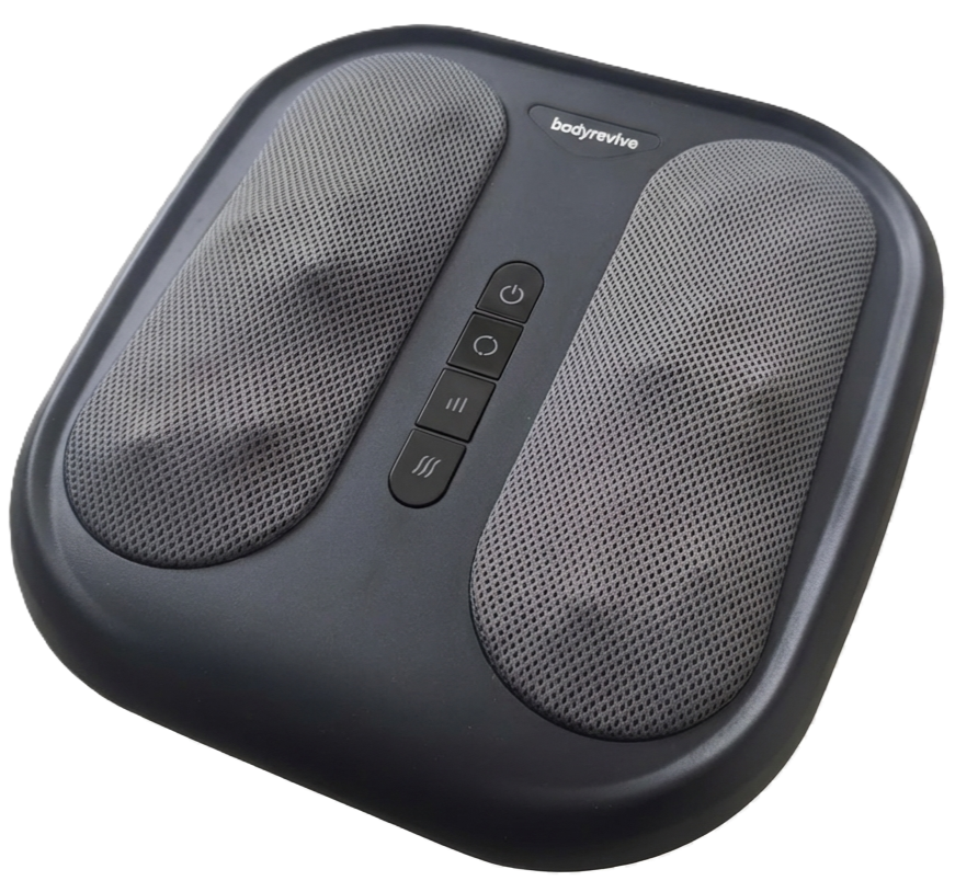 Black and gray massage pillow with control buttons on a white background