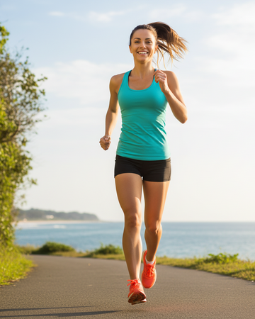 Woman running on a path by the ocean with a clear sky.