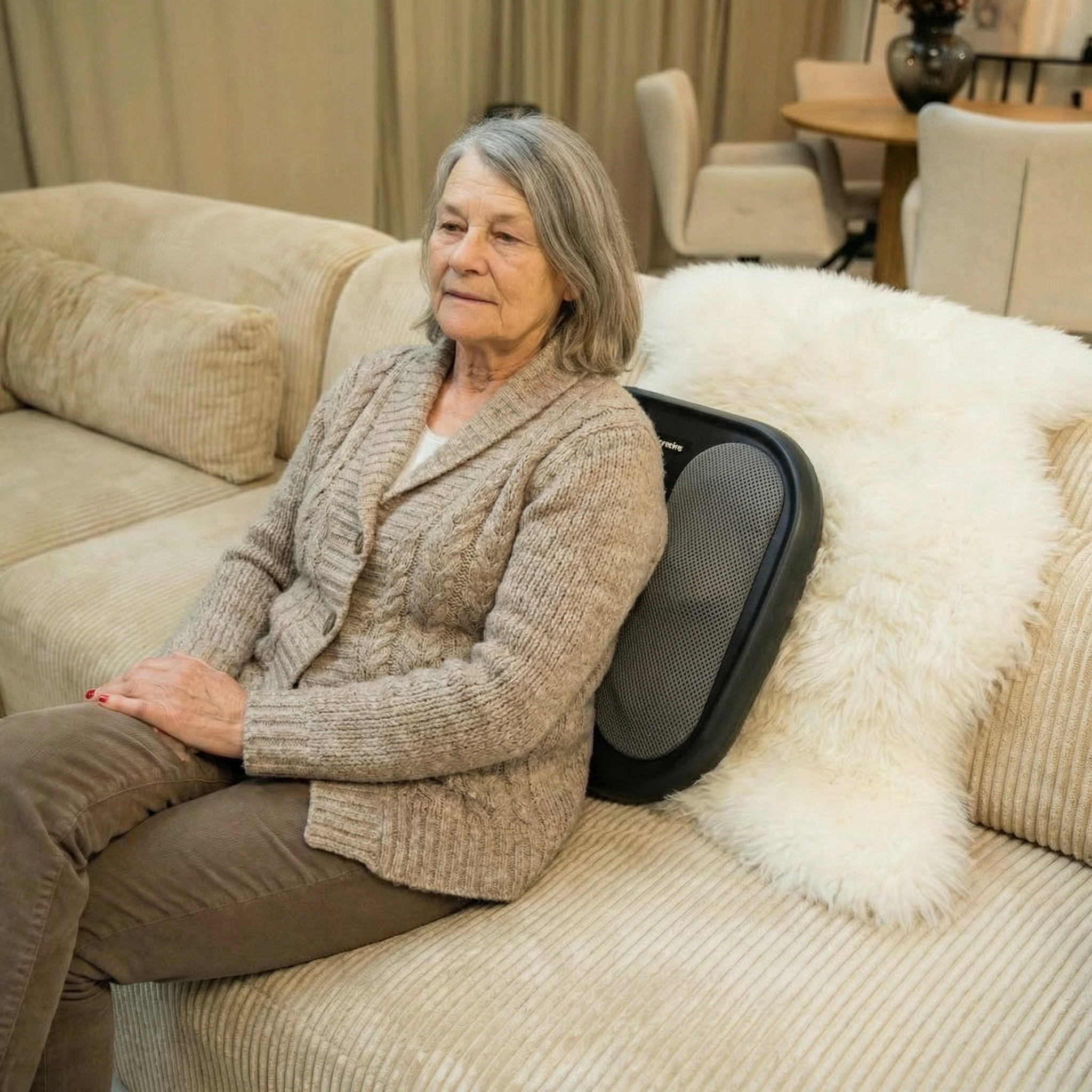Woman sitting on a couch with a back massager, in a home setting.