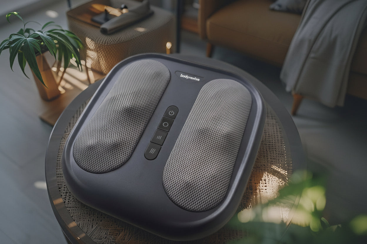 Massage device on a table in a home setting with plants and furniture.