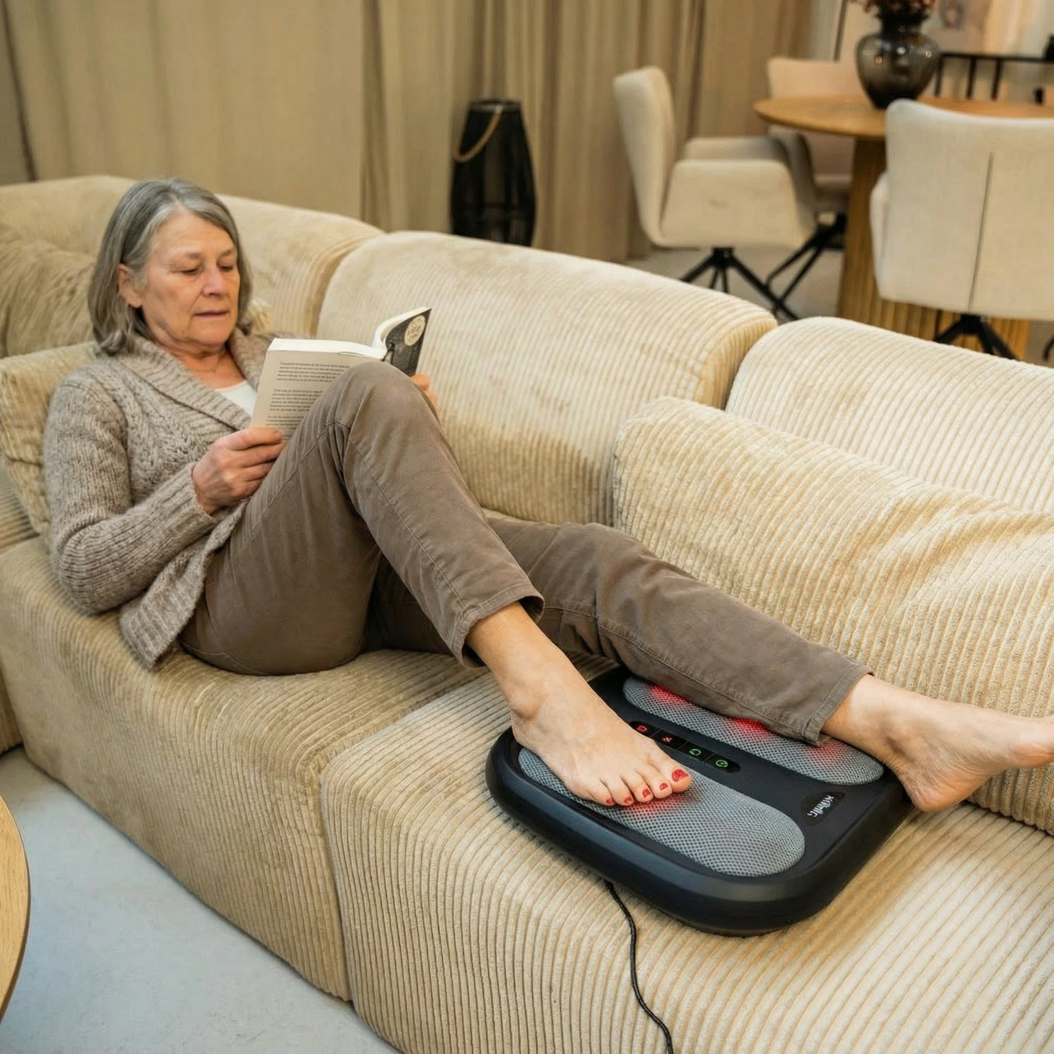 Woman using a foot massager on a couch while reading a book