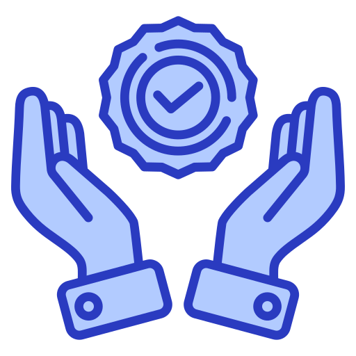 Two hands holding a circular badge with a check mark on a black background