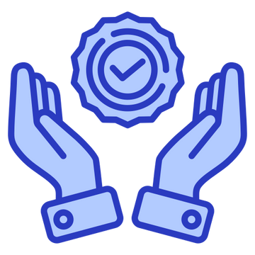 Two hands holding a circular badge with a check mark on a black background