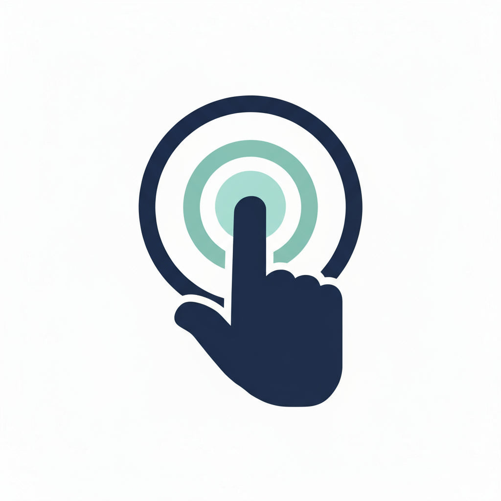 Icon of a hand touching a circular interface with concentric rings on a white background